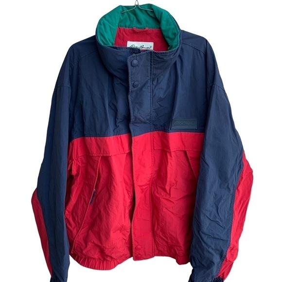Eddie Bauer Jacket Red Blue Colorblock Nylon Zip Up Stowaway Hooded Men’s XL - Picture 1 of 7